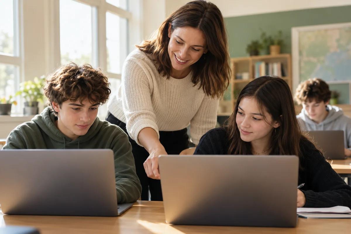 Guru membantu siswa belajar bersama menggunakan laptop di ruang kelas yang terang
