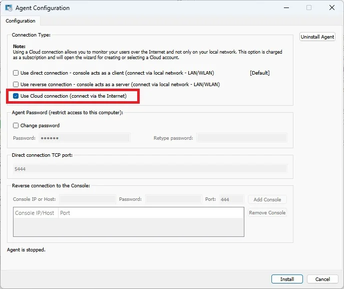 Windows Agente: configura la connessione Cloud durante l'installazione.