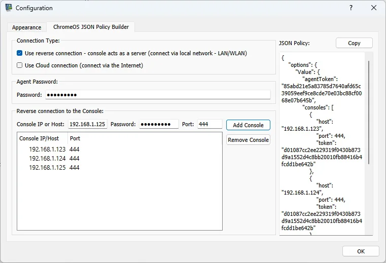 Console desktop: ChromeOS JSON Policy Builder e relativa policy generata.