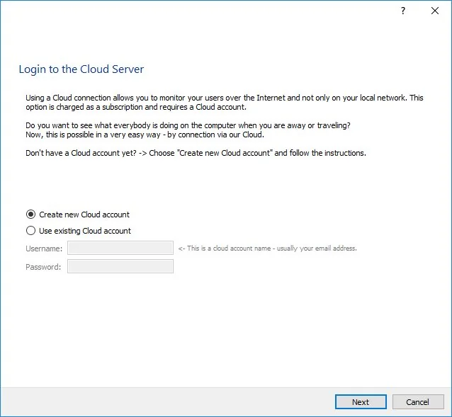 Voce account cloud: accedi o inizia la creazione dell'account.