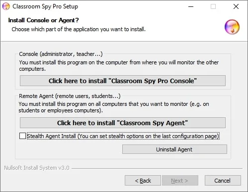 Programma di installazione  Windows: scegliere il componente Agente per il computer studente.