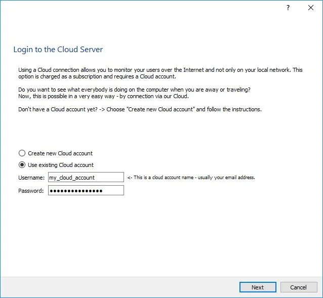 Registrazione dell'agente: utilizzare un account Cloud esistente attivato.