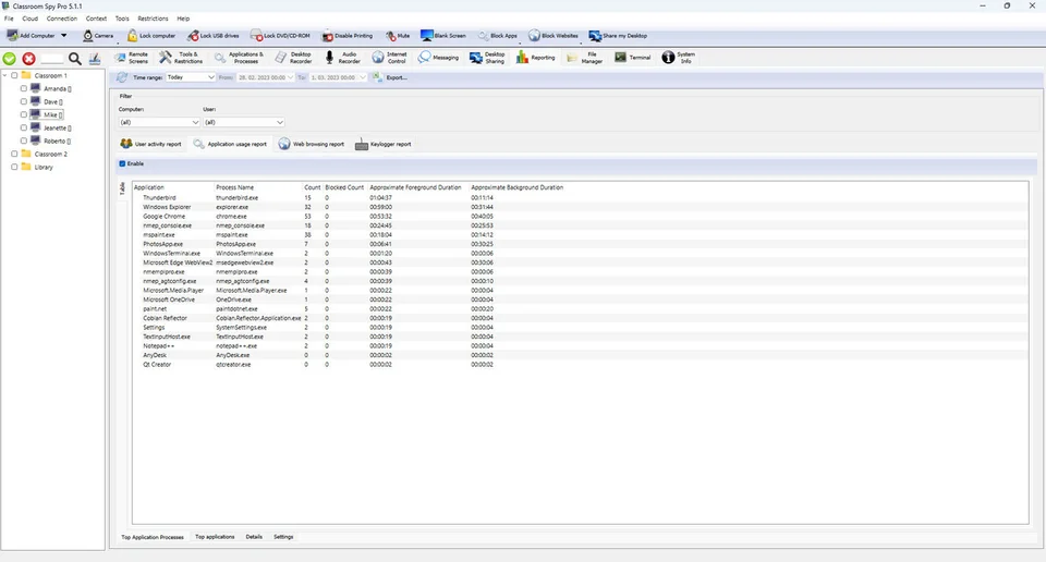 Console di reporting con tipi di report, filtri temporali e controlli di esportazione