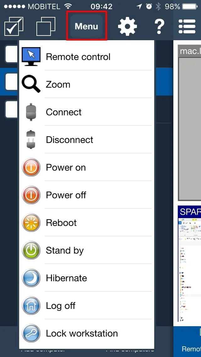 Menu tindakan : Remote control membuka bantuan interaktif; Zoom membuka tampilan yang lebih besar. Konfirmasikan target sebelum menjalankan tindakan.